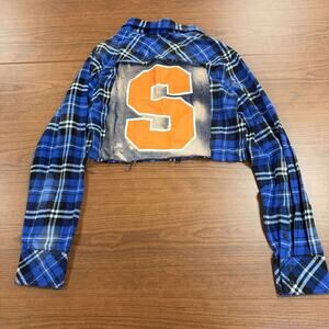 Syracuse New York College Varsity Cropped Hoodie Sports Flannel Navy Orange VTG